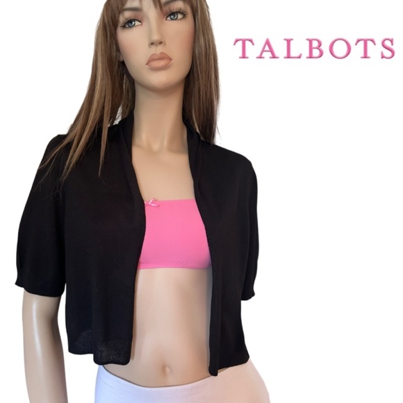 Talbots 100% Silk Shrug Cardigan Sweater Open Front Duster Short Sleeve Black - Picture 1 of 11